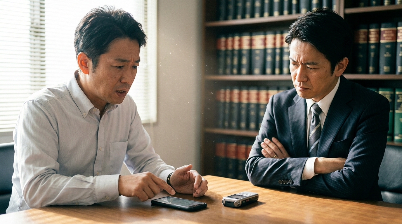 法律事務所で弁護士に相談する男性。テーブルの上のボイスレコーダーを前に、深刻な表情で話しており、無断録音の法的リスクについて専門家のアドバイスを求めている状況。