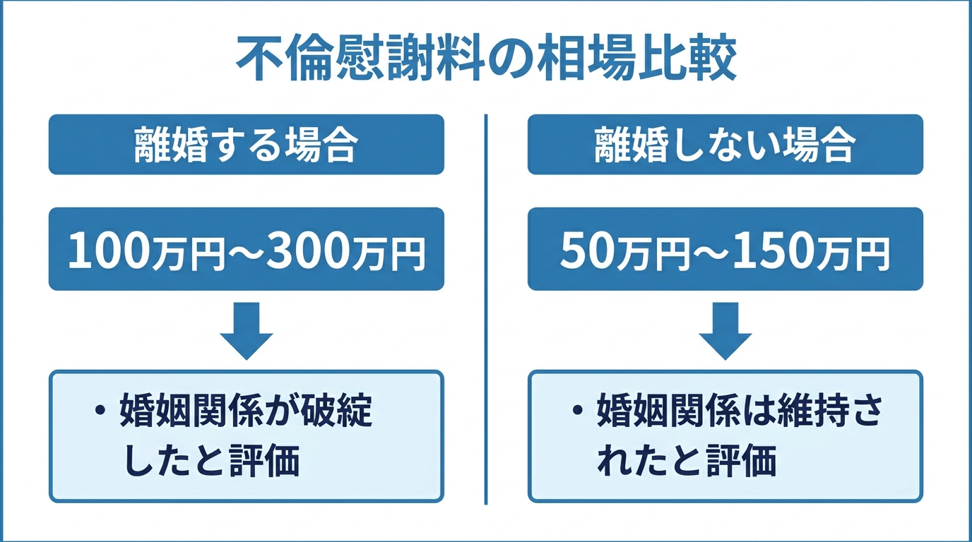 離婚する場合としない場合の不倫慰謝料の相場を比較した図解。離婚する場合は100万～300万円、しない場合は50万～150万円が相場であることが示されている。