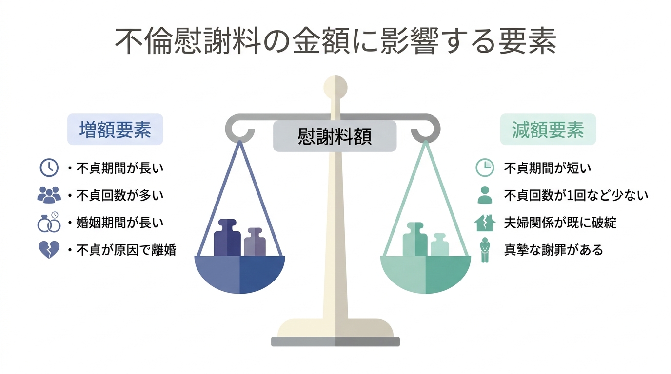 不倫慰謝料の増額要素と減額要素を天秤で比較する図解。増額側には不貞期間の長さや離婚の有無、減額側には不貞回数の少なさや夫婦関係の破綻などが挙げられている。