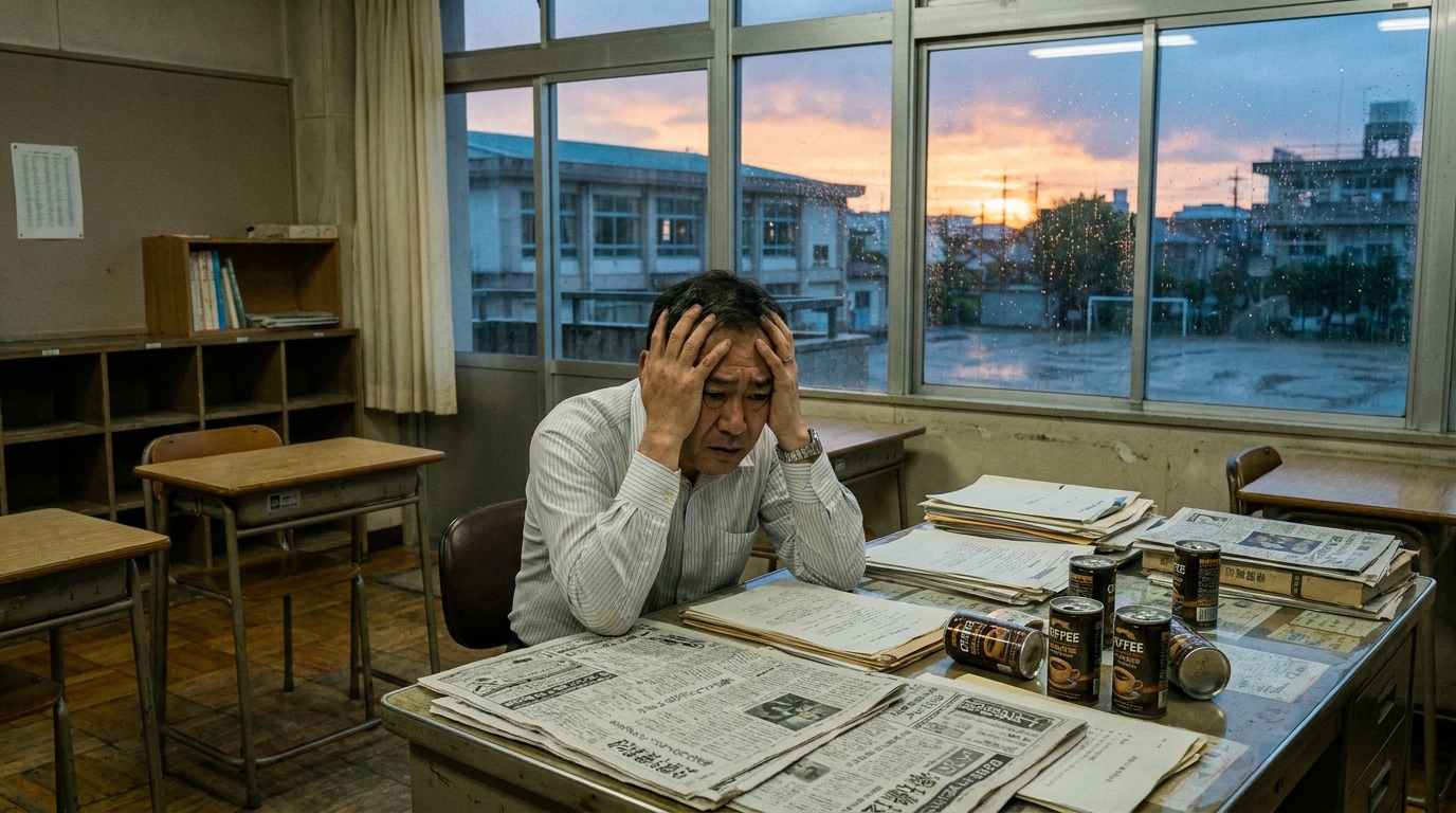 教員の不倫問題で悩む男性。職員室で頭を抱え、社会的信用の失墜と慰謝料問題に苦悩している様子。