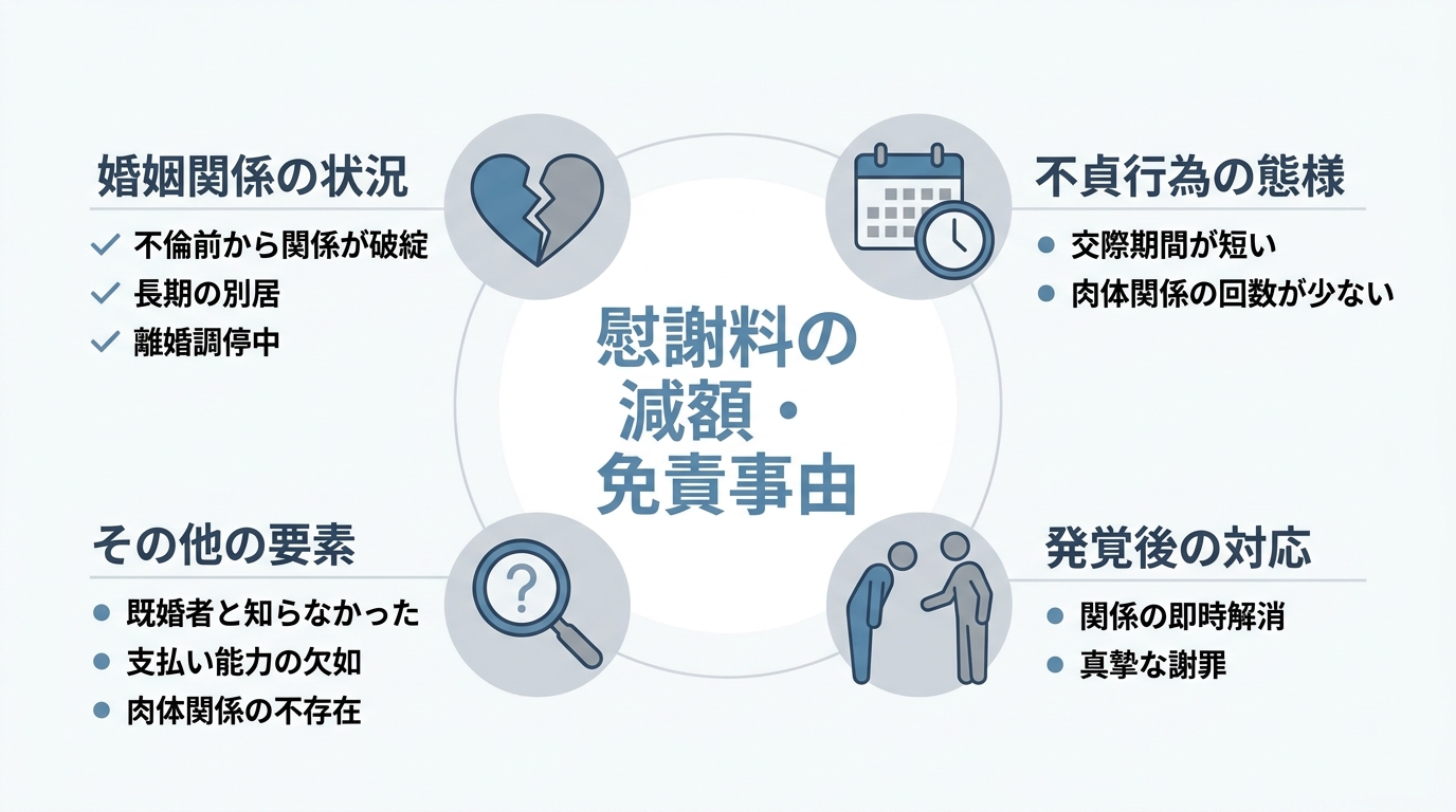 不倫慰謝料の減額・免責事由の全体像をまとめた図解。婚姻関係の状況、不貞行為の態様、発覚後の対応、その他の要素の4つのカテゴリーで解説。
