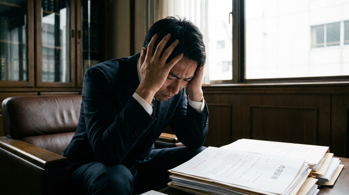 身に覚えのない慰謝料請求の内容証明郵便を前に、深刻な表情で悩む男性。