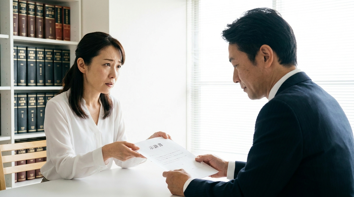 法律事務所で示談書を手に弁護士へ相談する女性