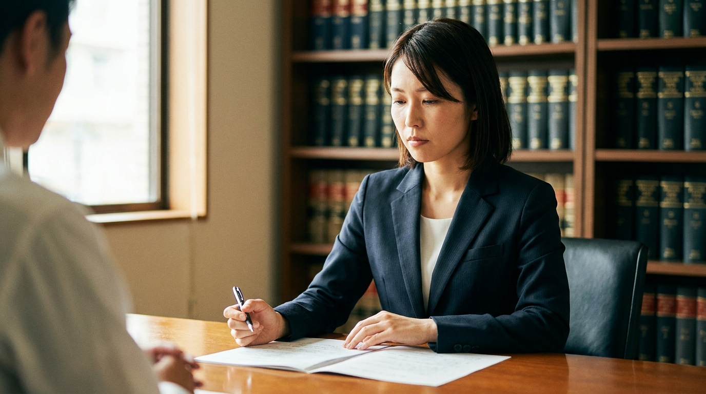 法律事務所で依頼者の相談に真摯に耳を傾ける女性弁護士。専門家への相談の重要性を示唆している。