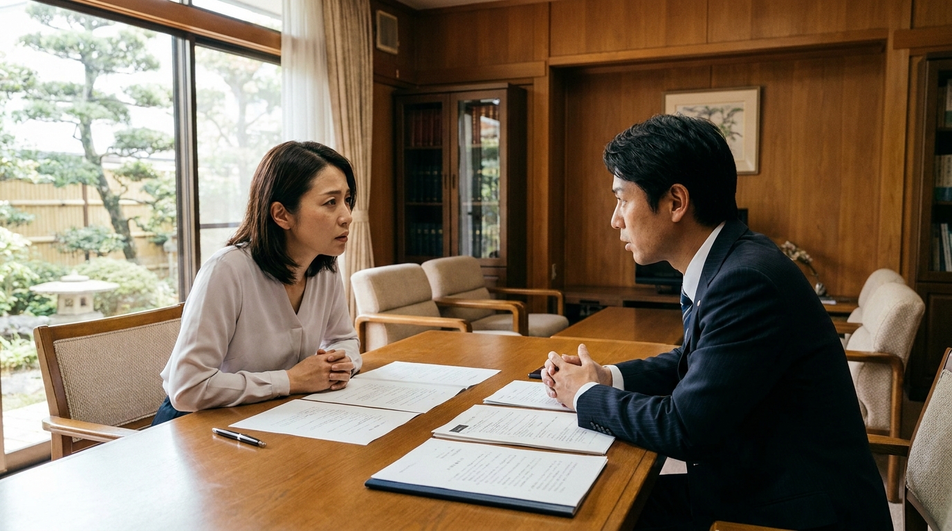 法律事務所で弁護士に相談する女性。証拠資料を見ながら法的な見通しについて説明を受けている。