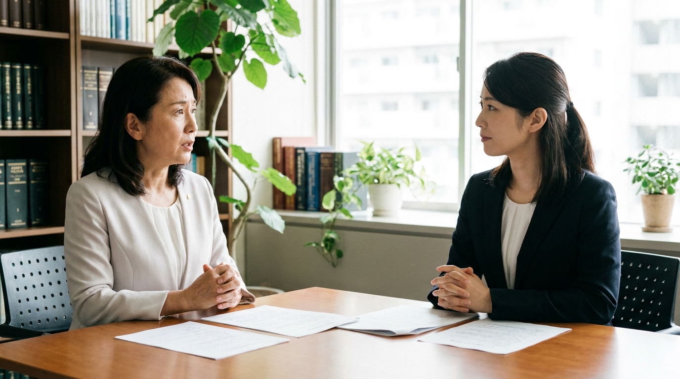 北九州の法律事務所で、1回だけの不倫について弁護士に相談する女性。真剣な表情で話を聞く弁護士から専門的なアドバイスを受けている。