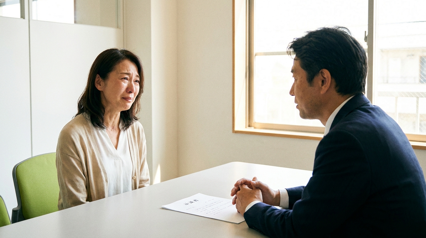弁護士に相談し、安心した表情を浮かべる女性。教員の不倫相手から脅されていた問題が、示談交渉によって解決に向かう様子。