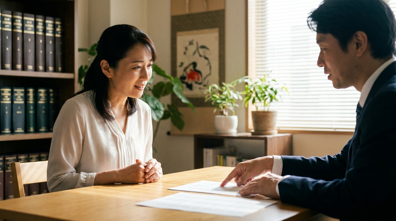 法律事務所で弁護士に慰謝料請求について相談する女性。真剣な表情で話を聞き、法的なアドバイスを受けている。