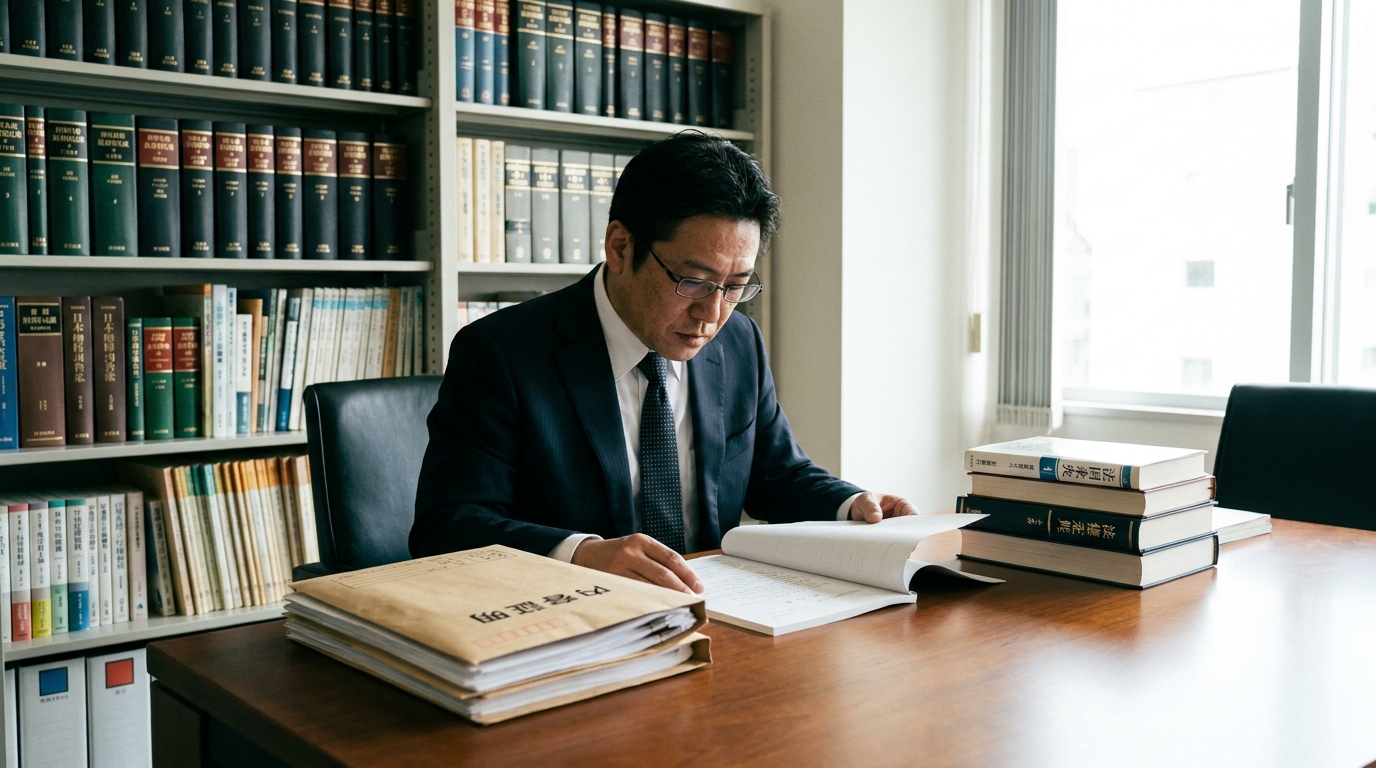 法律事務所で書類を確認する弁護士。不倫慰謝料の減額交渉に向けた法的アプローチを検討している様子。