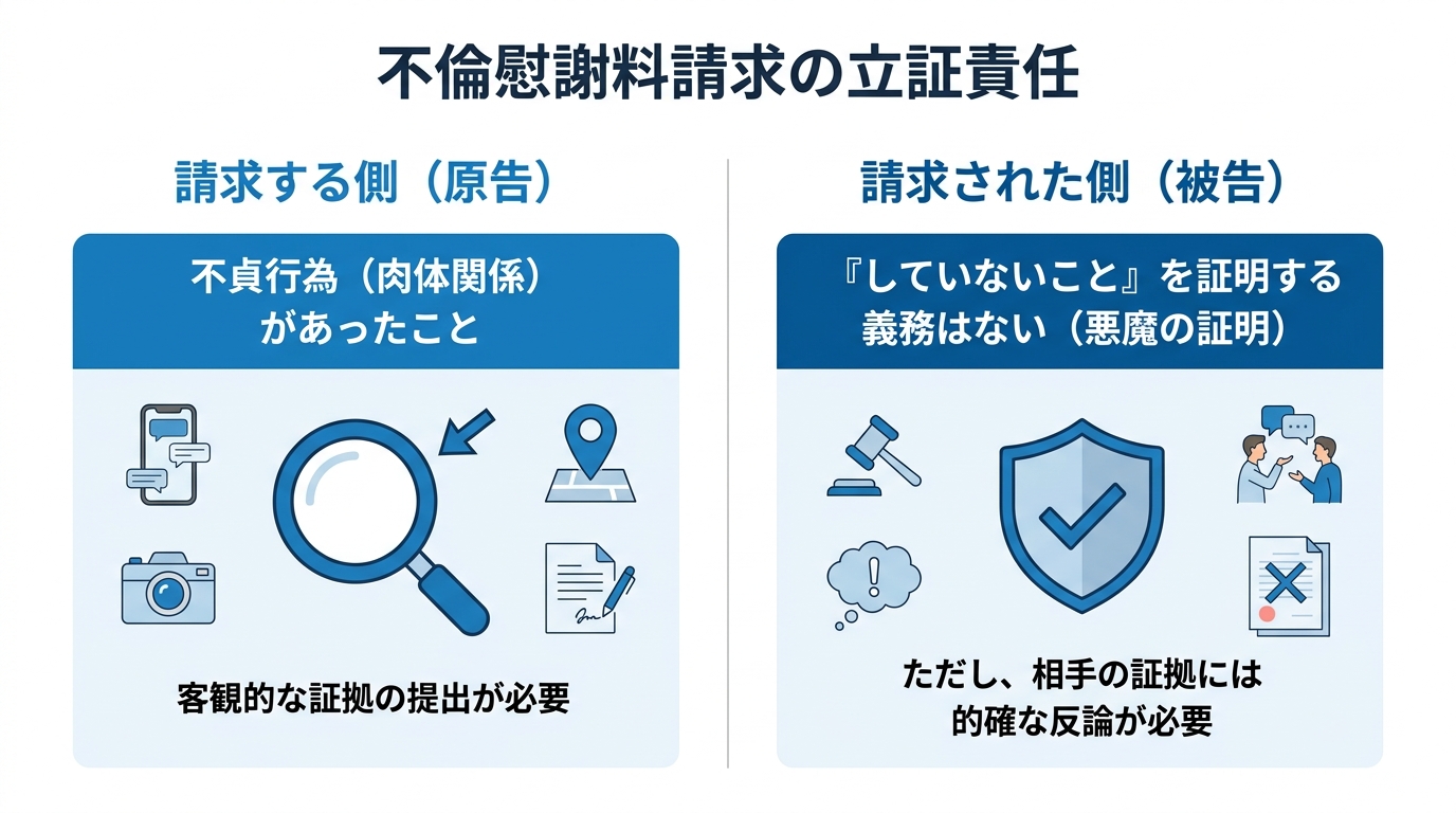 不倫慰謝料請求における立証責任の所在を図解。請求する側が不貞行為の証拠を出す責任を負い、請求された側は「していない証明」は不要だが反論は必要であることを示している。