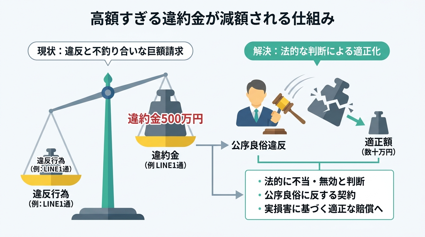 不当に高額な違約金が公序良俗違反により減額される仕組みを示した図解