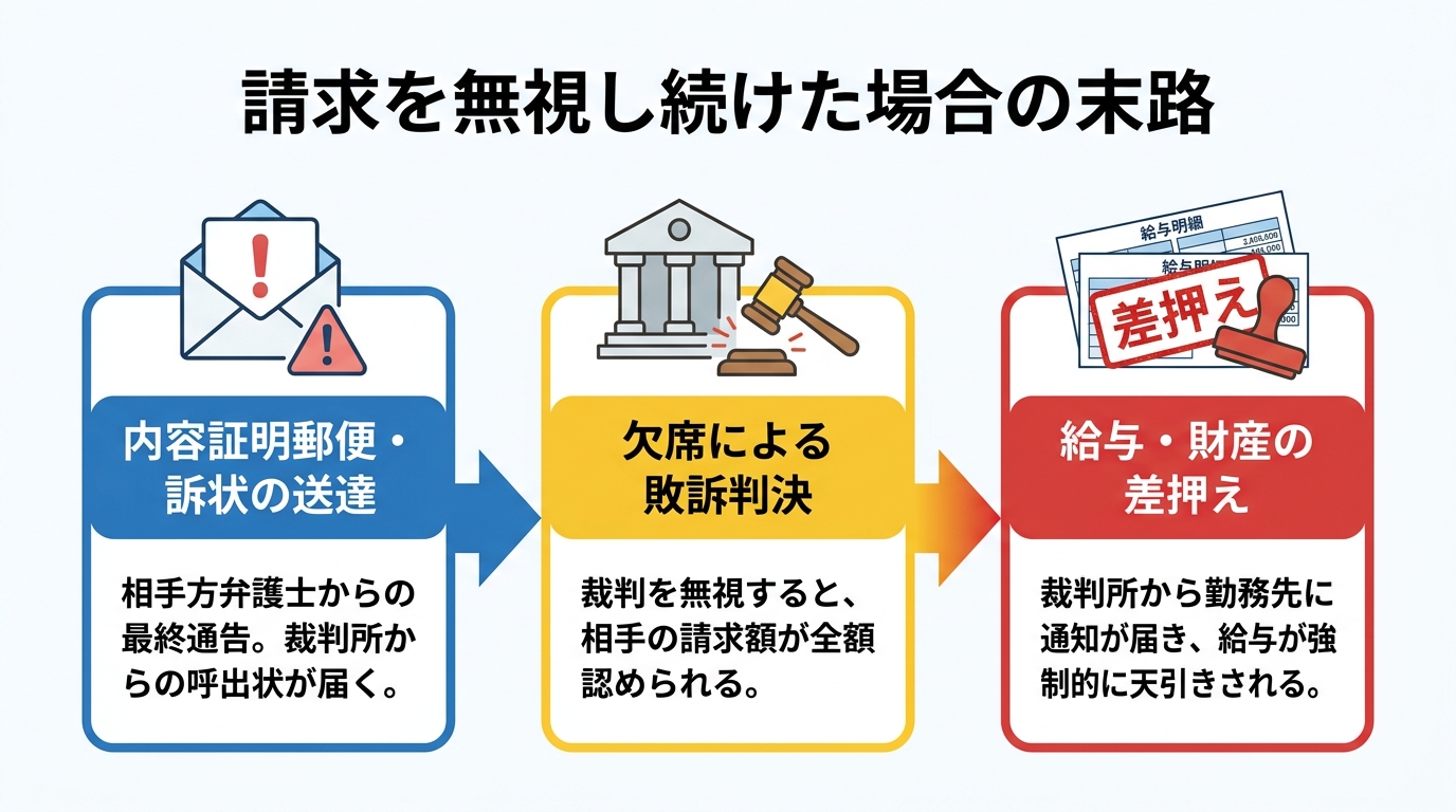 不倫慰謝料請求を無視した場合の末路を示すフローチャート。内容証明郵便の送達から敗訴判決、そして最終的な給与差押えまでの流れを3ステップで図解している。