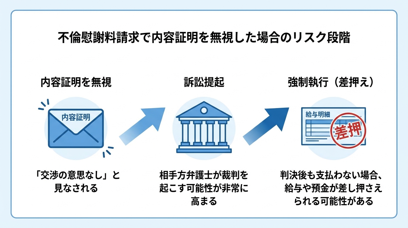 不倫慰謝料の内容証明を無視した場合のリスクを示す図解。無視から訴訟提起、そして強制執行(差押え)へと事態が悪化する流れを3ステップで解説しています。