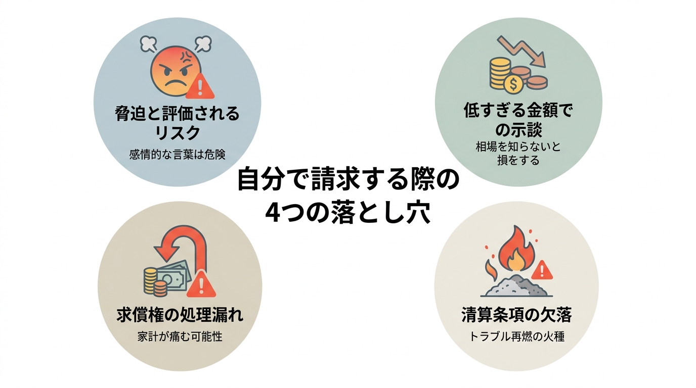 不倫慰謝料を自分で請求する際に潜む4つの落とし穴(脅迫リスク、低額示談、求償権の処理漏れ、清算条項の欠落)を解説した図解。