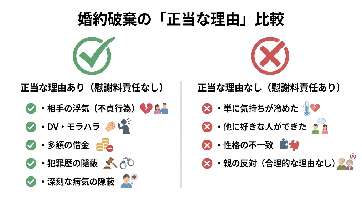 婚約破棄における正当な理由の有無を比較する図解。左側に「正当な理由あり」として浮気やDVを、右側に「正当な理由なし」として気持ちの変化や性格の不一致をリストアップしています。