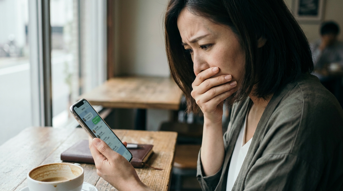 別居中の夫の不倫を疑い、スマートフォンを見ながら悩む女性。