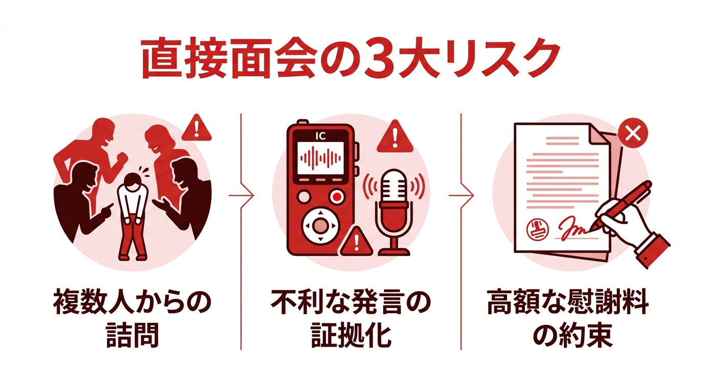 不倫相手の配偶者と直接会うことの3つのリスク（感情的な圧力、秘密録音、不利な書面への署名）を解説した図解。