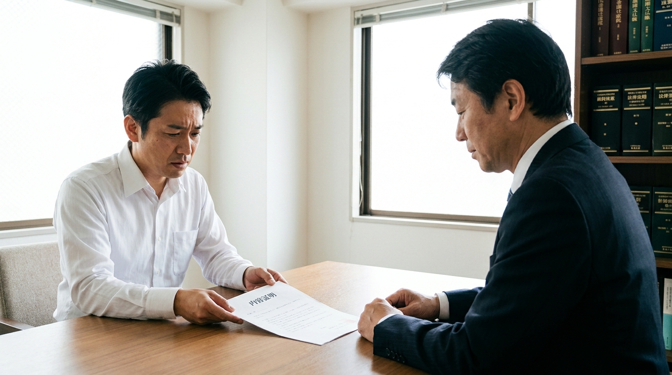 法律事務所で弁護士に相談する男性。テーブルの上には内容証明郵便が置かれており、深刻な表情の相談者に対し、弁護士が冷静に話を聞いている。