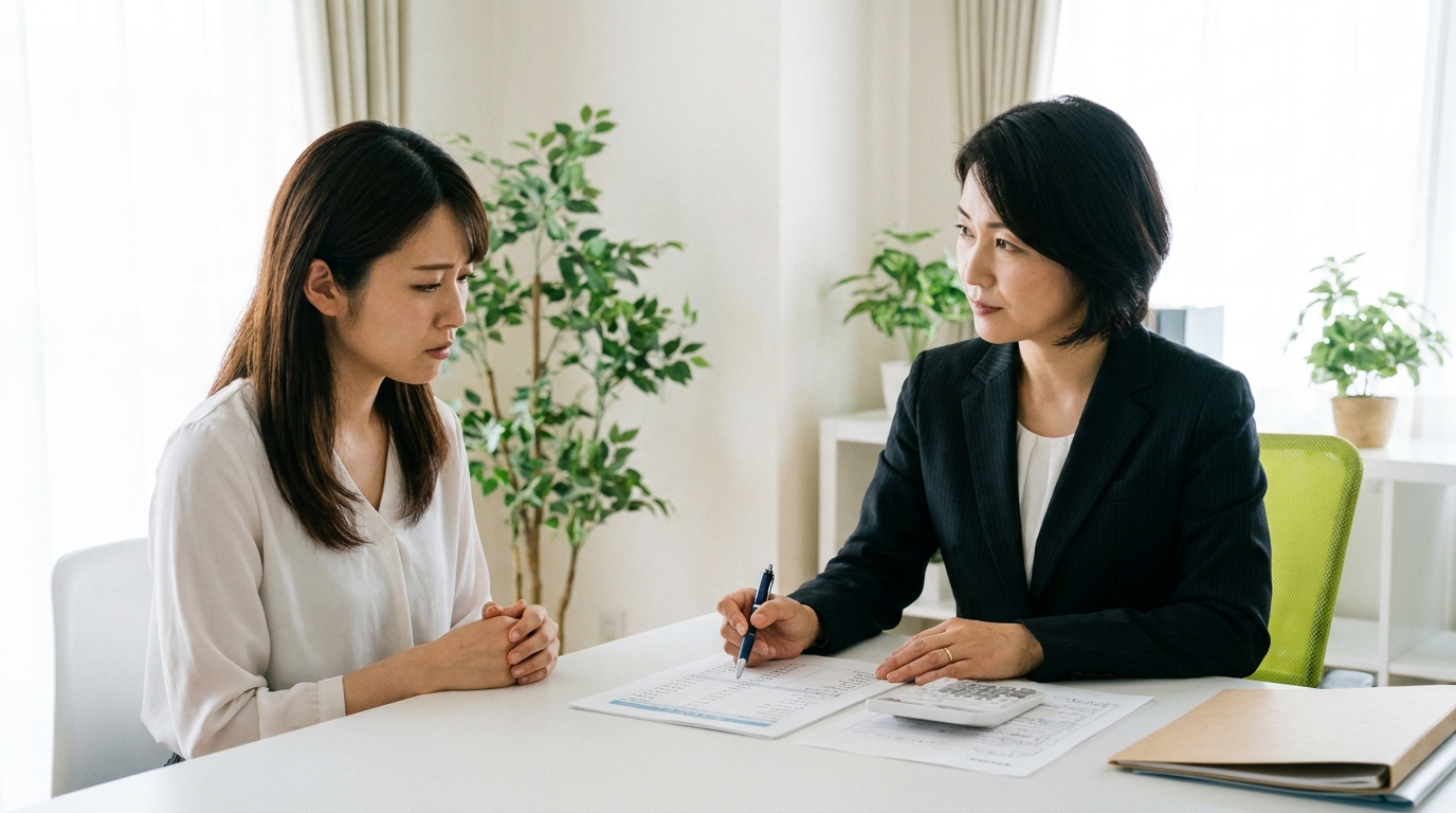 探偵に依頼する前の費用対効果について弁護士に相談する女性。経済合理性を踏まえた専門家のアドバイスを受けている。