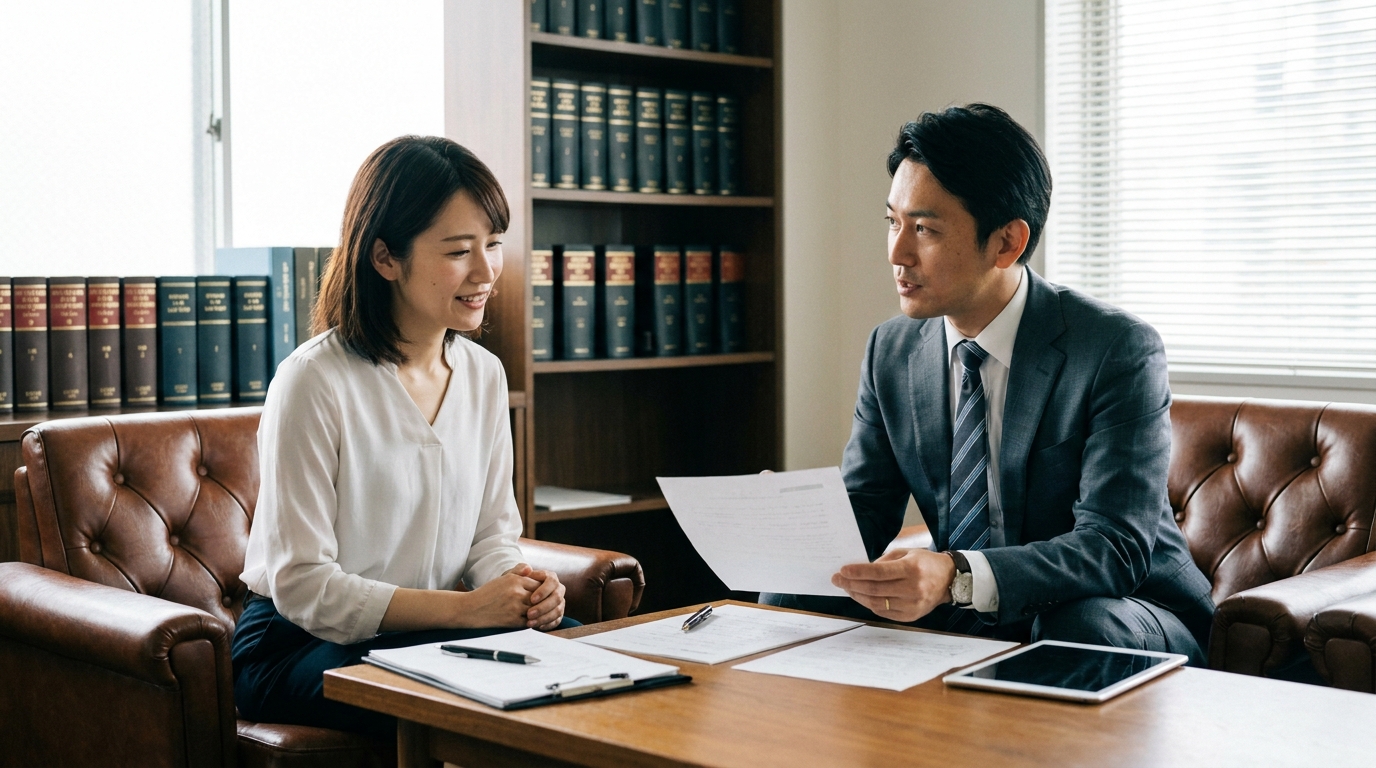北九州市小倉北区の法律事務所で、弁護士に対面で法律相談をする女性。