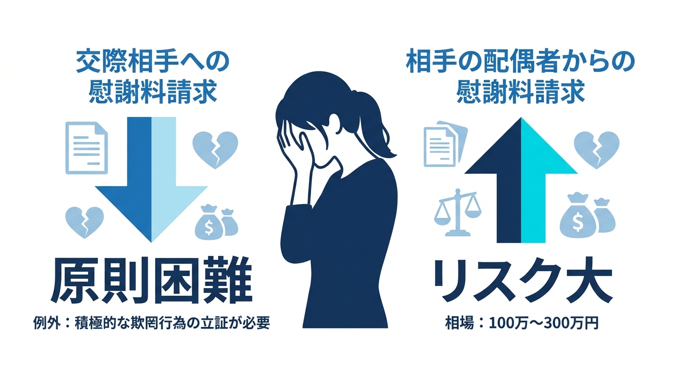 「離婚する」という言葉を信じた場合の法的リスクを示した図解。交際相手への慰謝料請求は原則困難である一方、相手の配偶者から高額な慰謝料を請求されるリスクがあることを対比して示している。