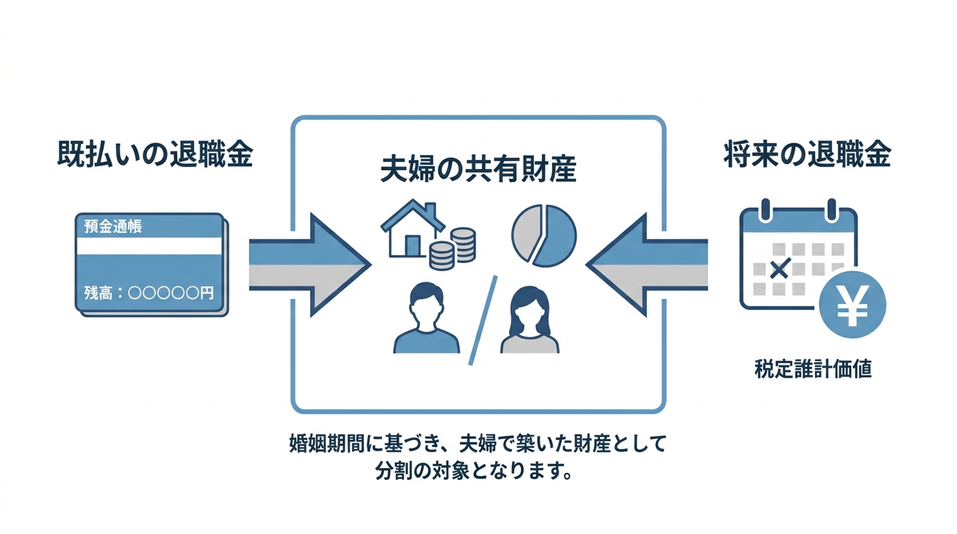 離婚時の財産分与における既払いの退職金と将来の退職金の扱いを示す図解。どちらも夫婦の共有財産と見なされることを示している。