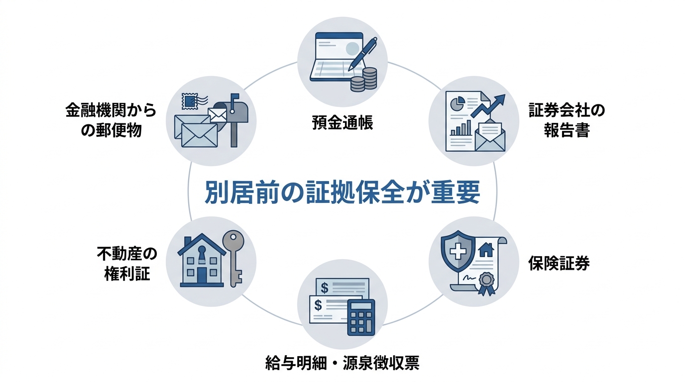 離婚前に同居中に集めるべき証拠資料のチェックリスト。預金通帳、証券会社の報告書、保険証券、給与明細、不動産権利証、郵便物がアイコンで示されている。