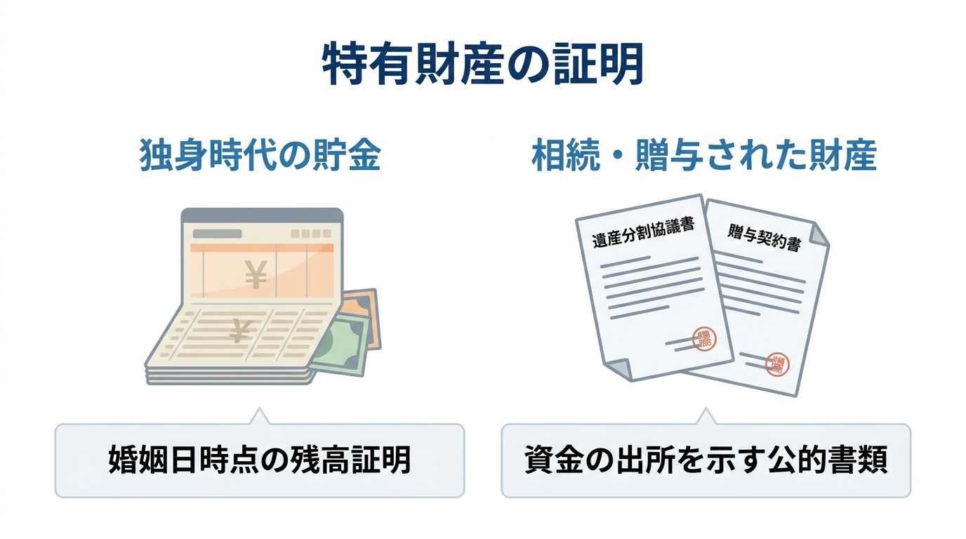 特有財産を証明するための具体的な証拠を解説した図解。独身時代の貯金には婚姻日時点の残高証明が、相続財産には遺産分割協議書などの公的書類が必要であることが示されている。