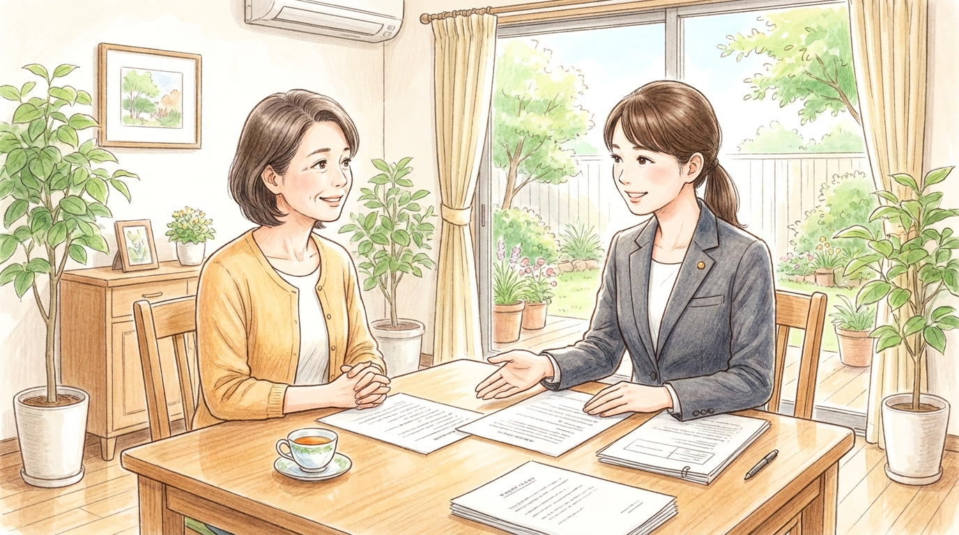 法律事務所で弁護士に相談する50代女性。不安な表情から、弁護士の説明を聞いて少し安心した様子に変わっている。