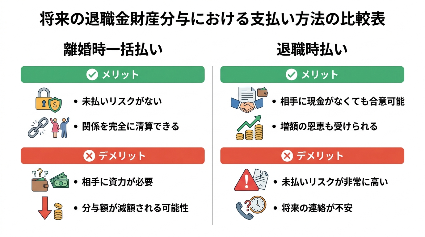 退職金の財産分与における「離婚時一括払い」と「退職時払い」のメリット・デメリットを比較した表。それぞれの支払い方法のリスクと利点がまとめられている。