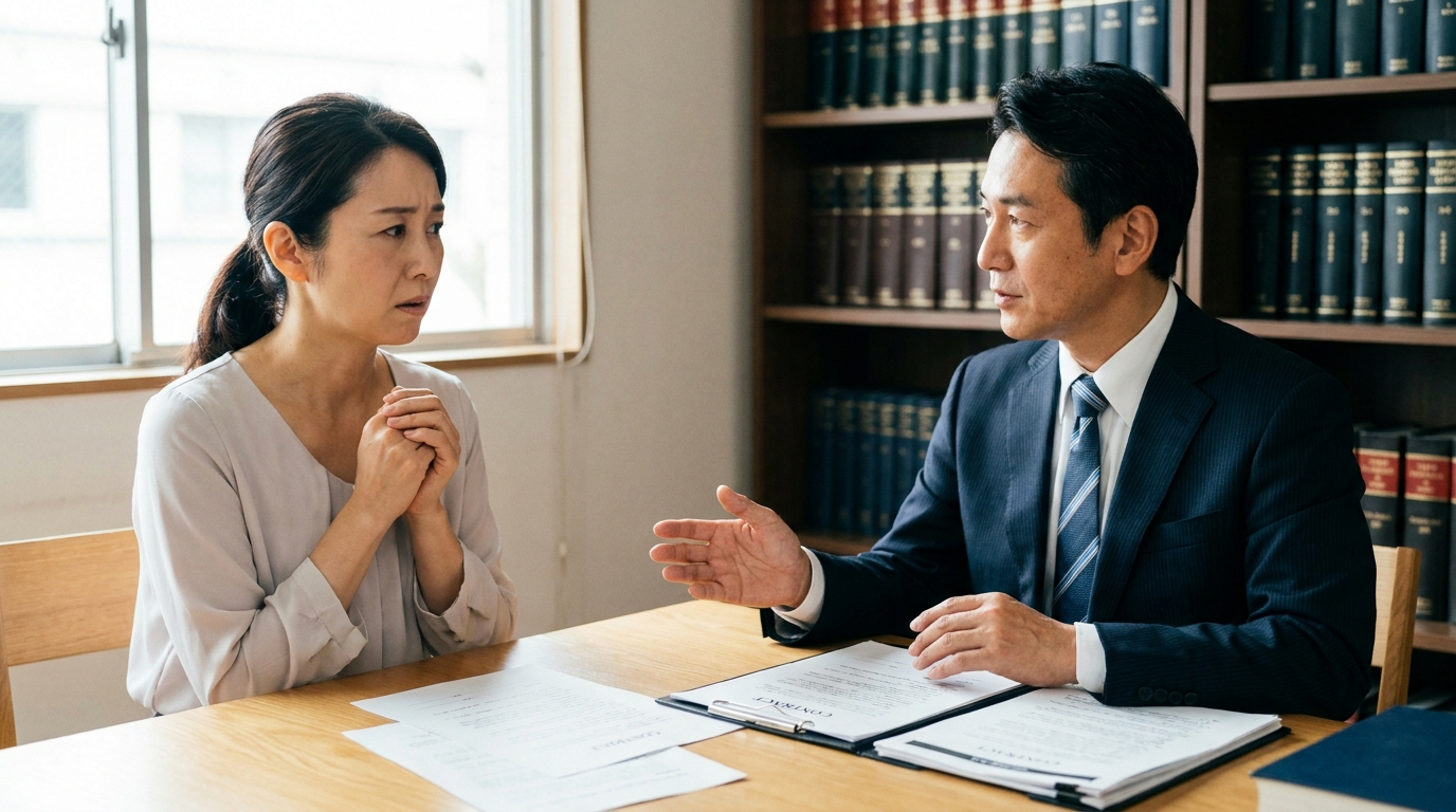 法律事務所で弁護士に離婚前の財産調査について相談する女性。テーブルの上の書類を見ながら真剣に話を聞いている。