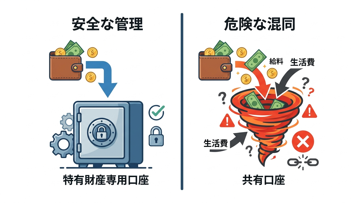 特有財産を専用口座で分離管理する安全な方法と、生活費口座に入れて共有財産と混同させてしまう危険な管理方法を対比した図解。
