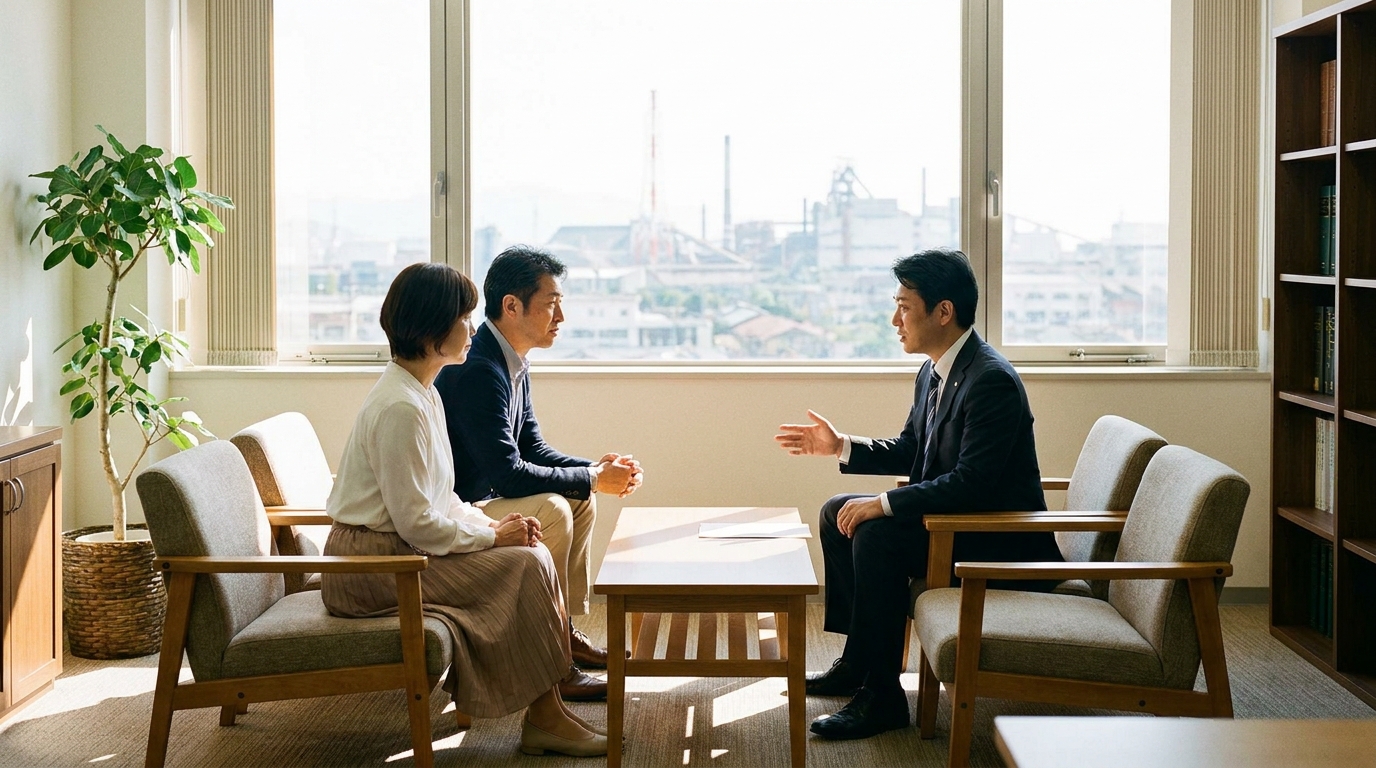 北九州市小倉にある法律事務所の相談室。熟年夫婦が弁護士に財産分与について真剣に相談している。