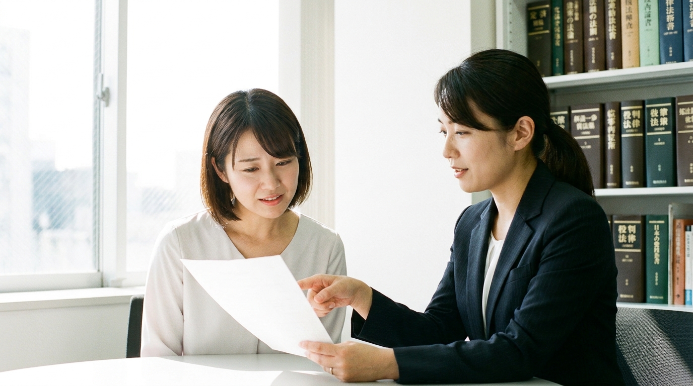 北九州の法律事務所で親権について相談する女性。弁護士からの説明を受け、少し安心した表情を浮かべている。