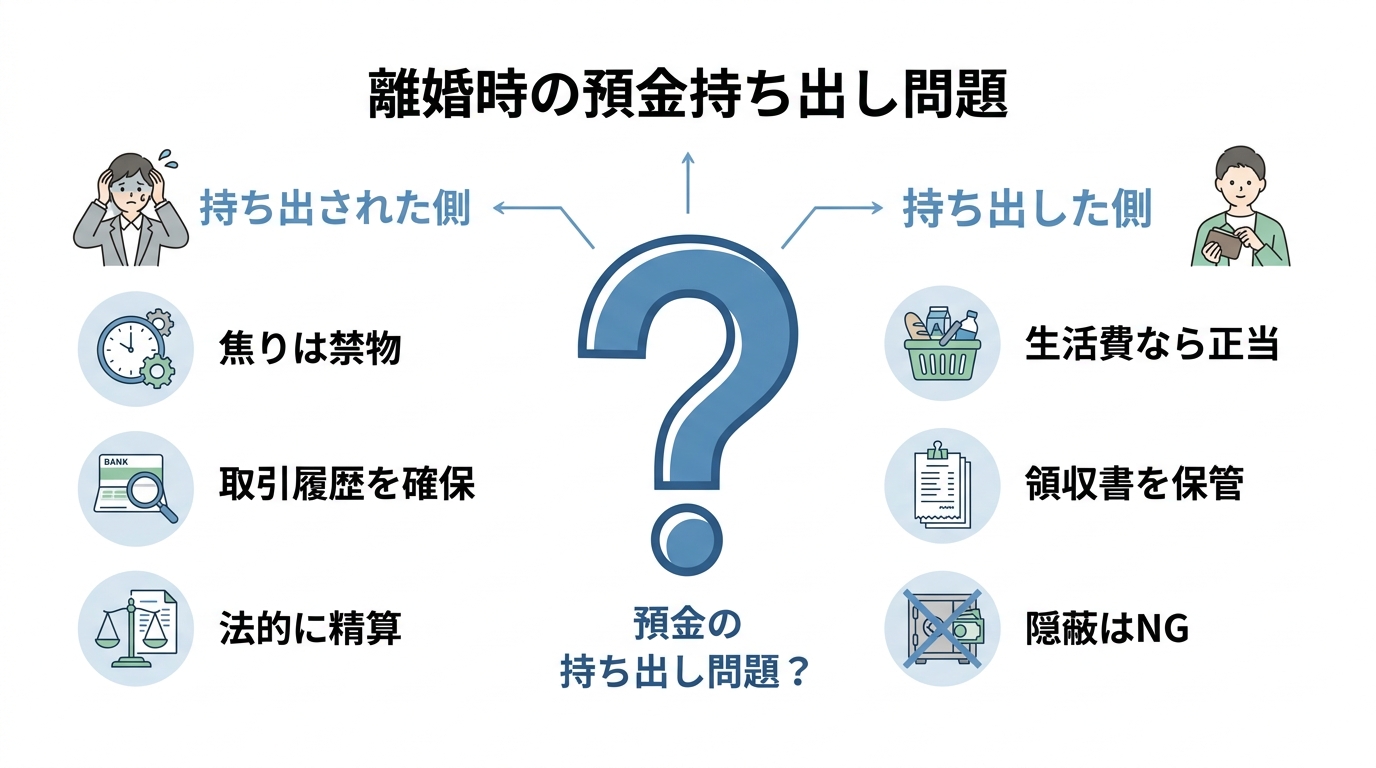 別居時の預金持ち出し問題について、持ち出された側と持ち出した側それぞれの対処法を比較した図解。