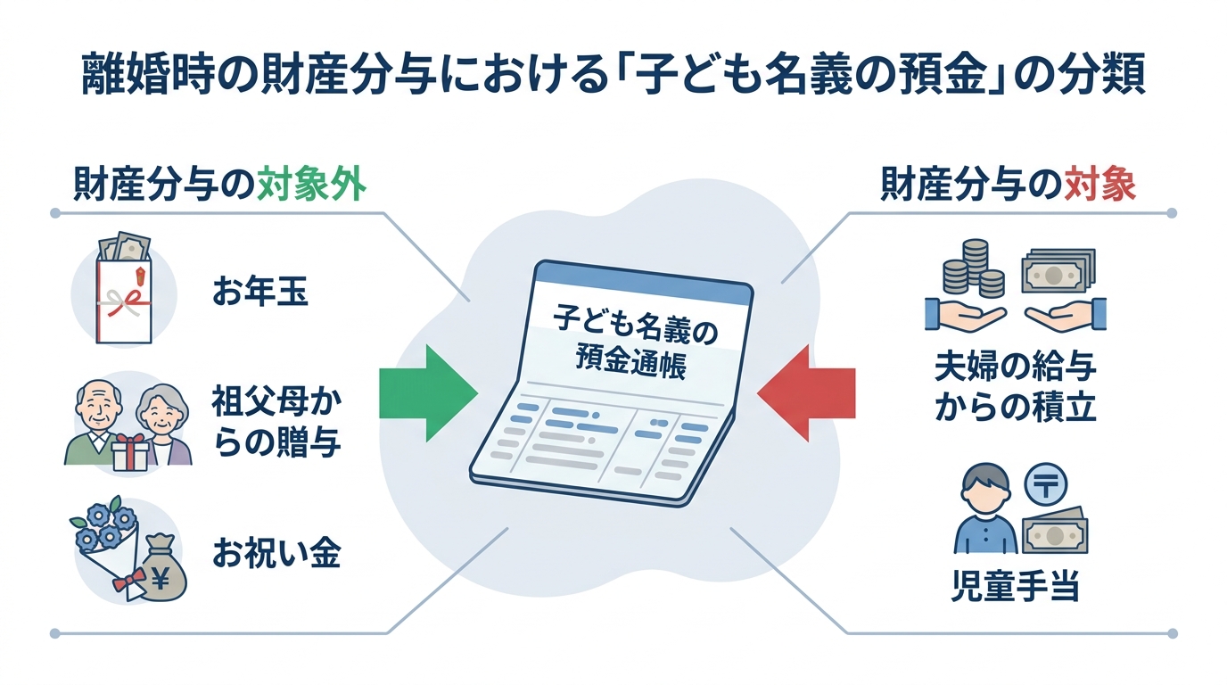 子ども名義の預金が財産分与の対象になるケースとならないケースを比較した図解。お年玉や贈与は対象外、夫婦の収入からの積立は対象となる。