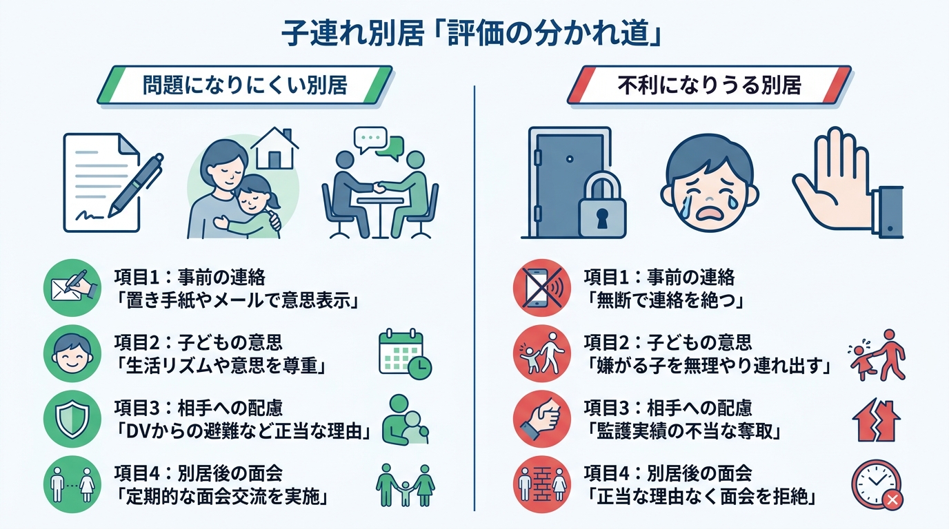 子どもを連れての別居が親権で有利になるか不利になるかの違いを比較した図解。事前の連絡、子どもの意思尊重、別居後の面会交流の有無などが評価の分かれ目となることを示している。