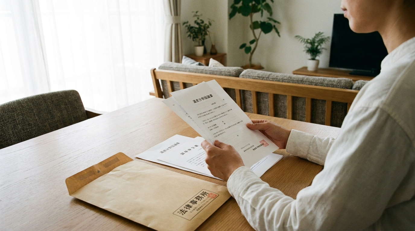 配偶者の代理人弁護士から届いた受任通知の書面をテーブルで確認する様子