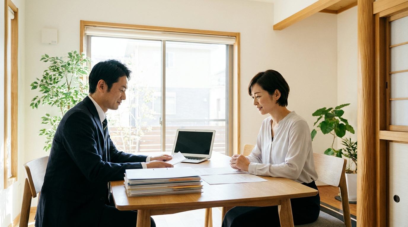 法律事務所で弁護士と対面で財産分与の資料を確認しながら相談している様子