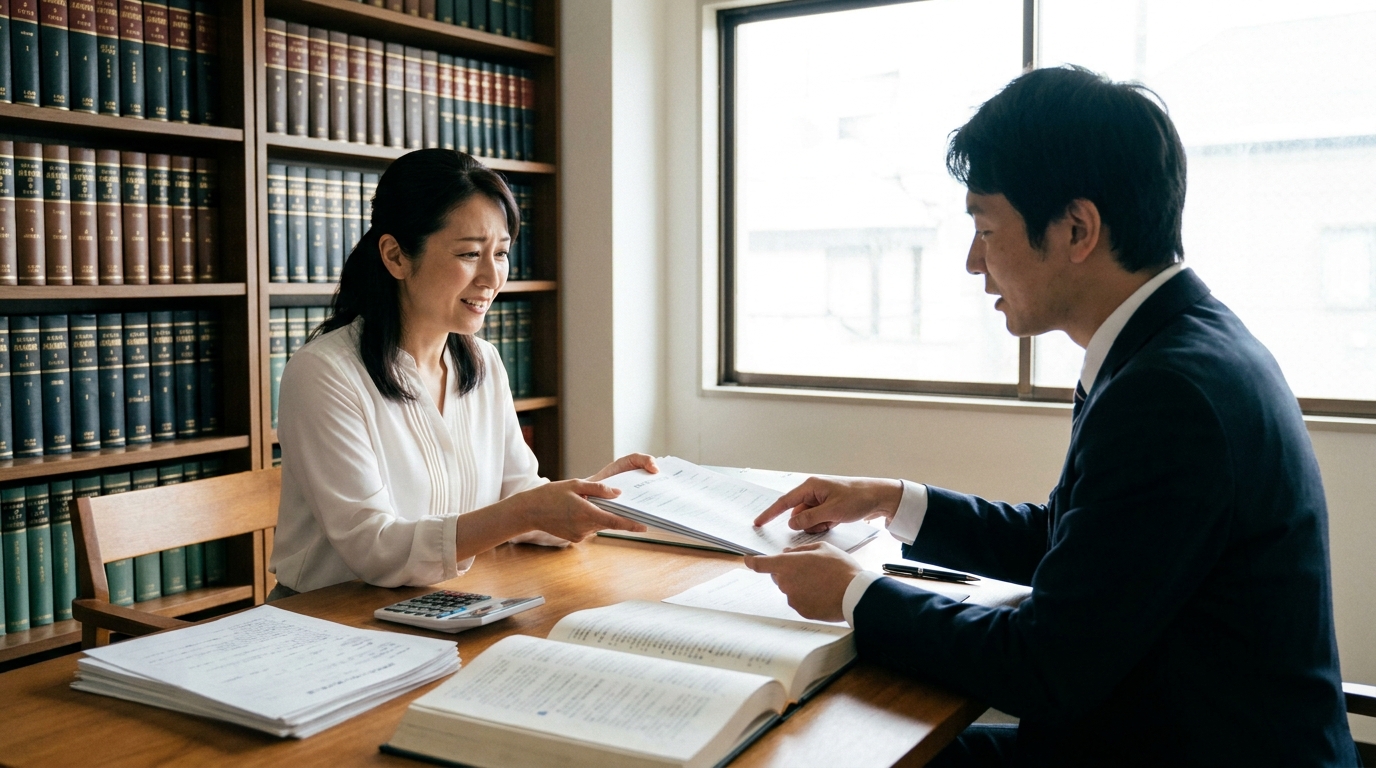 法律事務所で生命保険の財産分与について弁護士に相談する女性。