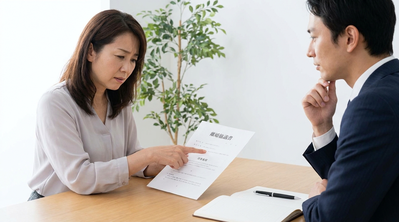 離婚協議書の清算条項について弁護士に相談する女性。財産分与の追加請求が困難になる可能性について説明を受けている。